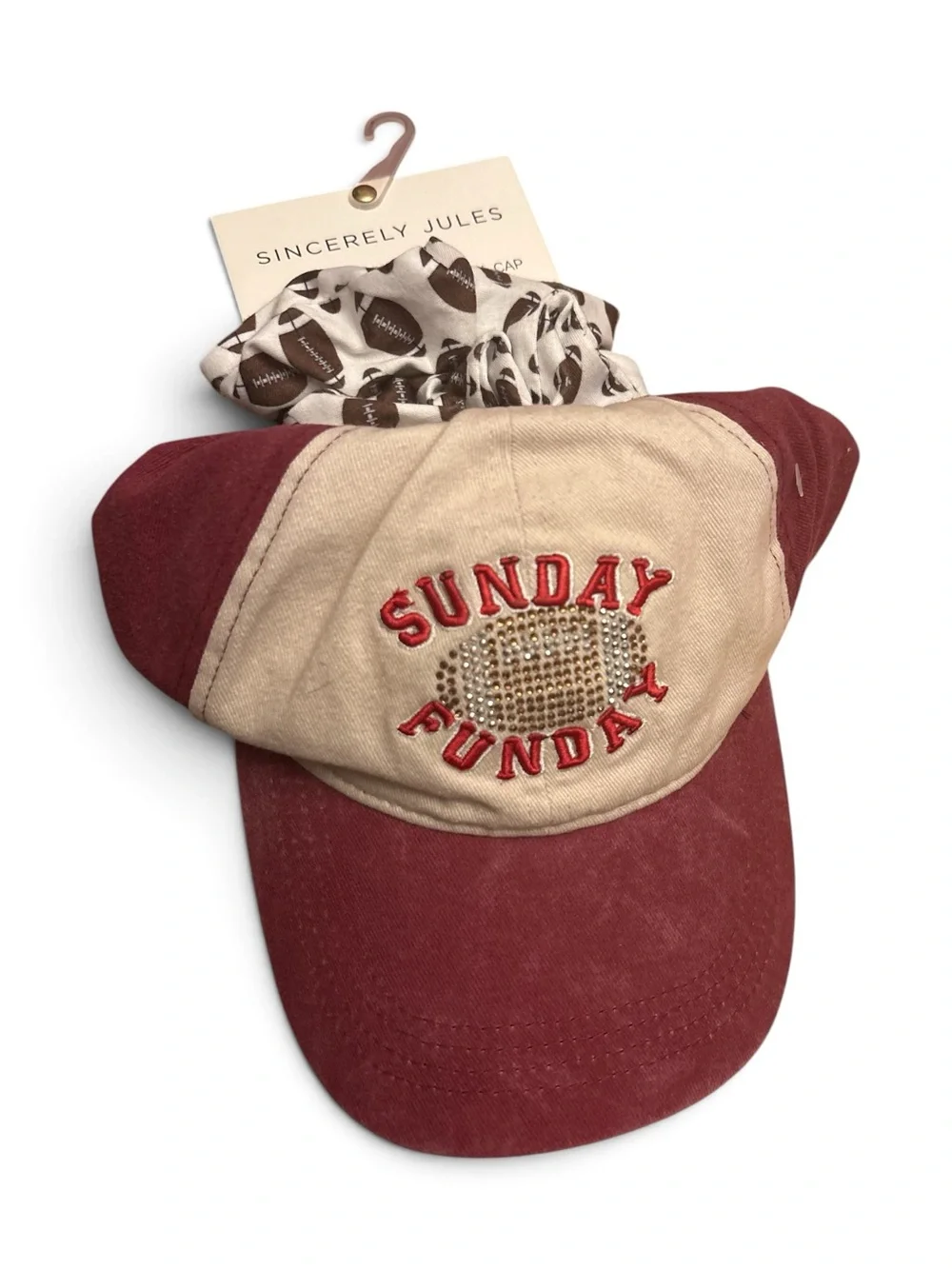 Sincerely Jules Two-Tone 'Sunday Funday' Cap & 2 Football Scrunchies NWT